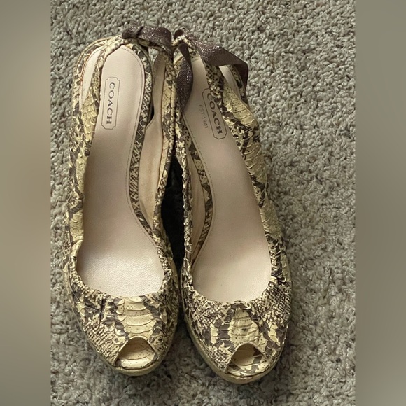 Coach Shoes - Coach Women's Snakeskin Peep Toe Heels - Cream and Brown